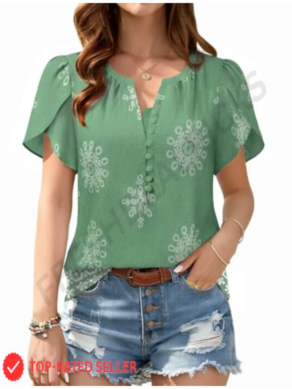 Boho Short Sleeve Blouse for Women V-Neck Tie Front Button Shirt